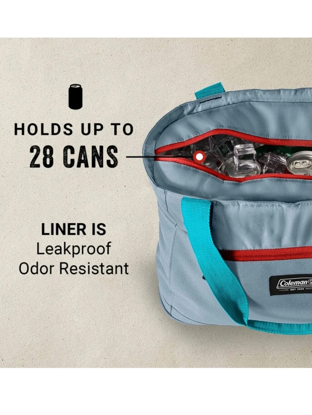 Coleman Insulated Soft Cooler Gray Tote with Teal Straps and Red Zipper NWT